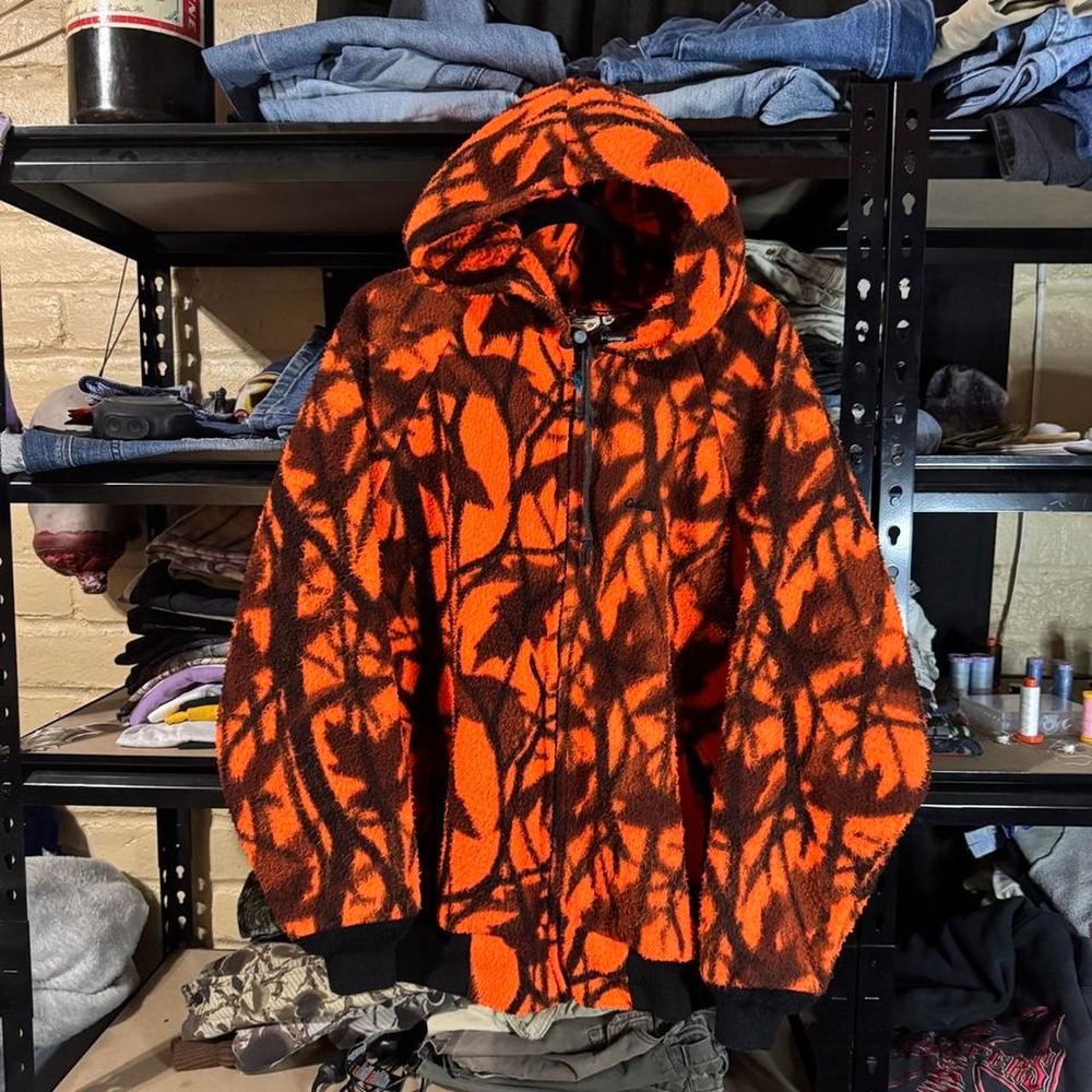 VINTAGE 80s Cabela's Neon Orange Realtree Camo Hooded Fullzip Fleece - Large